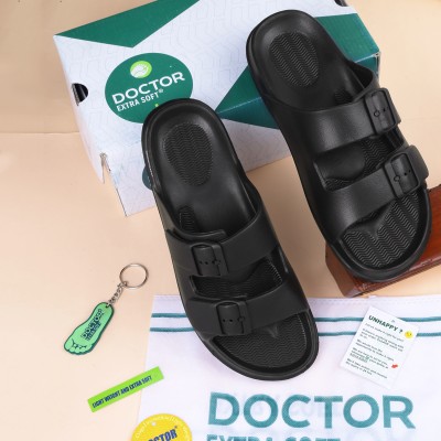 DOCTOR EXTRA SOFT Men Men's Classic Cushion Sliders/Slippers with Adjustable Buckle Strap Adult D-505 Slides(Black 6)