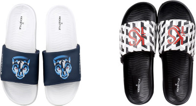KICKSTYLE Men Slides(Black, White , 8)