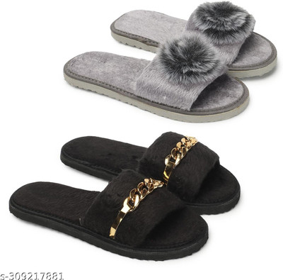 FANTUX Women Flip Flops(Grey , 5)
