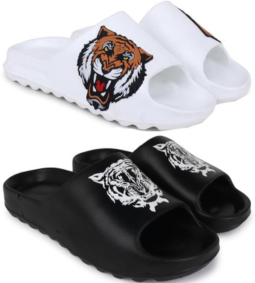 KAPYANSH Men Men Classic, Lightweight, Flipflops, Slipper, Slides, Chappal, Sliders Pack of 2 Slides(White, Black , 10)
