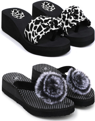 Skytrap Women Stylish Comfortable and Trending Printed Flip Flops Slide Combo of 2 Slippers(White, Black , 5)