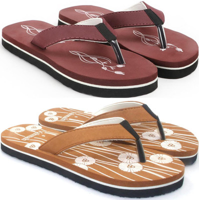 VAHMAH Women Slippers(Maroon, Tan , 4)