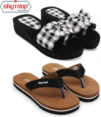HOC Women Slippers(Black, Tan , 4)