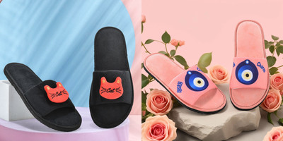 Y key Women Flip Flops(Pink, Black , 4)