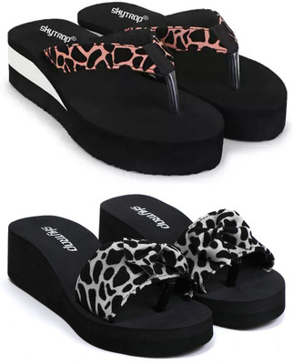 Skytrap Women Stylish Comfortable and Trending Colorful Rubber Flip Flops Slide Combo of 2 Slippers(Brown, Black , 5)