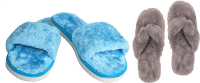 rexizone Women Flip Flops(Blue, Grey , 6)