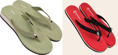 DASHNY Women Flip Flops(Red, Green , 4)