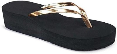 Nutts Women Flip Flops(Black, Gold , 6)