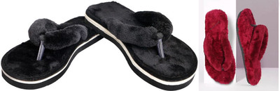 rexizone Women Flip Flops(Black, Maroon , 4)