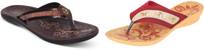 hiyaga Women Flip Flops(Brown, Red , 5)