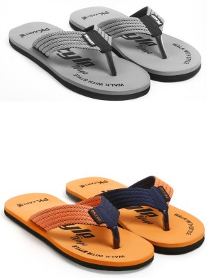 PKKART Men Flip Flops(Grey, Orange , 8)