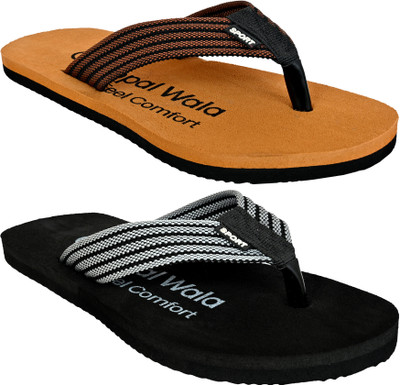 Altek Men Flip Flops(Black, Tan , 8)