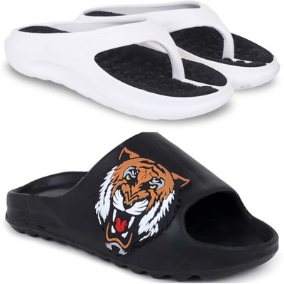 KAPYANSH Men Slippers(White, Black , 8)