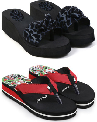 Skytrap Women Stylish Comfortable and Trending Printed Flip Flops Slide Combo of 2 Slippers(Blue, Red , 5)