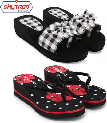 Skytrap Women Stylish Comfortable and Trending Checkered Flip Flops Slide Combo of 2 Slippers(Black, Grey , 4)