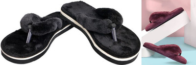 rexizone Women Flip Flops(Black, Maroon , 4)