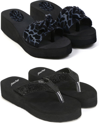Feens Women Stylish and Comfortable Trending Light Weight Printed Flipflop Combo of 2 Flip Flops(Blue, Black , 5)