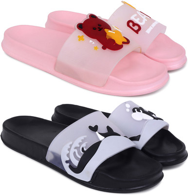 Pampy Angel Women Women Classic Trendy Flipflops, Slipper, Sliders, Chappal Combo Pack of 2 Flip Flops(Pink, Black , 7)
