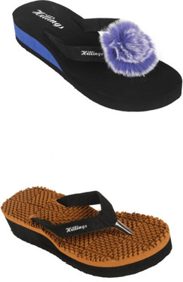 Hillings Women Flip Flops(Blue, Brown , 7)