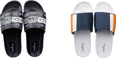 KICKSTYLE Men Slides(Black, White, Blue , 8)
