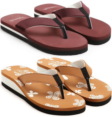 VAHMAH Women Slippers(Maroon, Tan , 4)