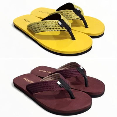 EVERSOLE Men Flip Flops(Yellow, Maroon , 9)