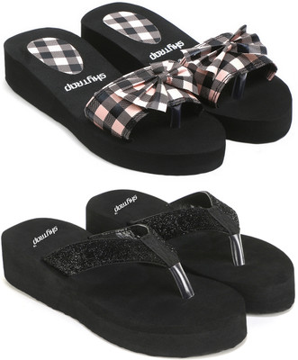 Skytrap Women Stylish Comfortable and Trending Medium Heel Flip Flops Combo of 2 Flip Flops(Pink, Black , 6)