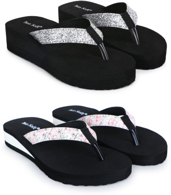 TWO SOFT Women Slippers(Silver, Black , 6)