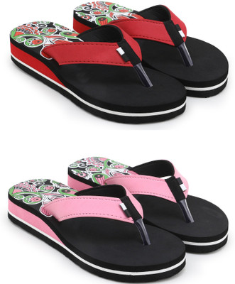 Feens Women Stylish Comfortable Trending Light Weight Printed Super Soft Flipflop Pack of 2 Slippers(Red, Pink , 7)