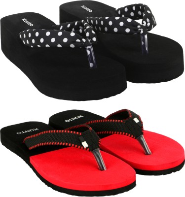 KUNTO Women Flip Flops(Black, White, Red , 7)