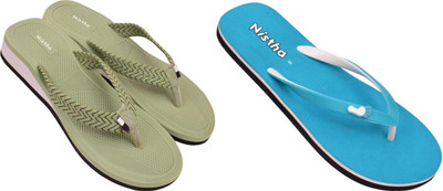 NISTHA Women Flip Flops(Blue, Tan , 6)