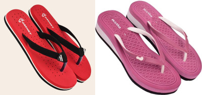 DASHNY Women Flip Flops(Pink, Red , 7)