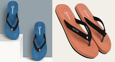 DASHNY Women Flip Flops(Blue, Orange , 8)