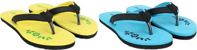 Priksh Women Flip Flops(Blue, Yellow , 8)