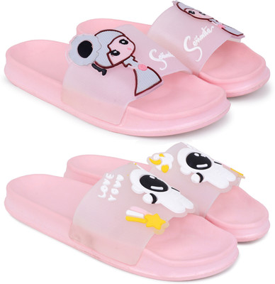 Pampy Angel Women Women Classic Trendy Flipflops, Slipper, Sliders, Chappal Combo Pack of 2 Slides(Pink, Pink , 8)