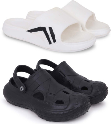 KAPYANSH Men Slippers(White, Black , 9)