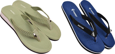 DASHNY Women Flip Flops(Navy, Tan , 3)