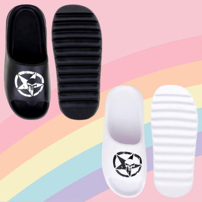 Fuliva Men Slides(Black, White , 7)