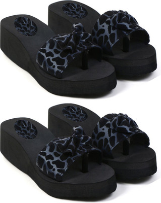 Skytrap Women Stylish Comfortable and Trending Printed Flip Flops Slide Combo of 2 Slippers(Blue , 8)