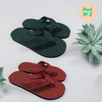 Eboak Men Men's Stylish Comfortable Slipers Pack of 2 Flip Flops(Maroon, Green , 3)