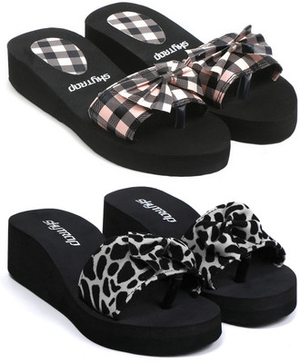 Feens Women Stylish and Comfortable Trending Light Weight Checkered Flipflop Combo of 2 Slippers(Pink, Black , 4)
