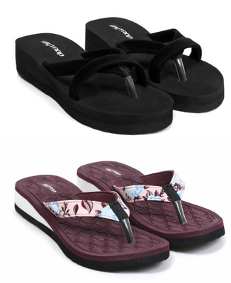 Skytrap Women Flip Flops(Black, Maroon , 4)