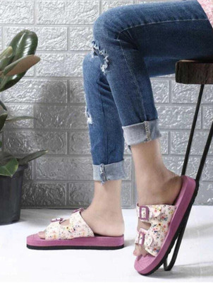 TWO SOFT Women Fancy Stylish Soft Comfortable Printed Slipper Lightweight Dailywear Slides(Pink , 5)
