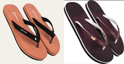 DASHNY Women Flip Flops(Maroon, Orange , 5)