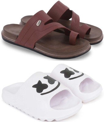 KAPYANSH Men Slippers(Brown, White , 9)