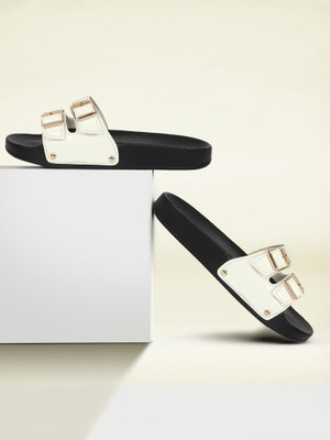 LooksFootwear Women Casual Beach Slides(White, Black , 36)