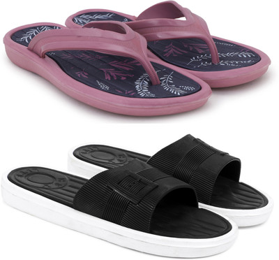 KAPYANSH Women Women Classic Trendy Flipflops, Slipper, Sliders, Chappal Combo Pack of 2 Slippers(Pink, Black , 7)