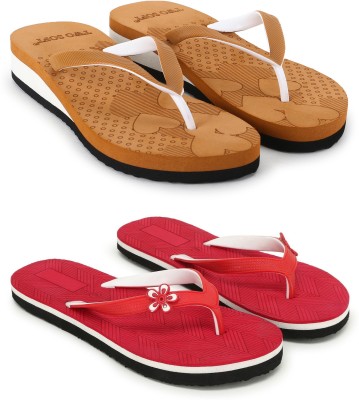 TWO SOFT Women Pack Of 2 Combo Stylish Extra Comfort Lightweight Dailywear Used Flip Flops(Brown, Red , 8)