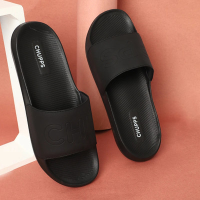 Chupps Men Pure Black Slides Slippers Soft FootbedLightweight Flip Flops For Slides(Black , 11)