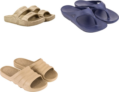 Feel alive Men Slippers(Beige, Blue , 8)